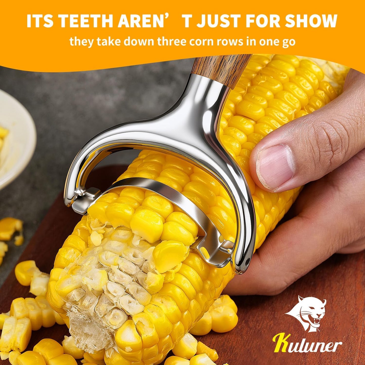 KULUNER Durable Stainless Steel Corn Peeler with Polished Wood Handle Corn on the Cob Stripper Kernel Remover Easy Use Corn Kernel Cutter Kitchen Gadget（Rosewood）