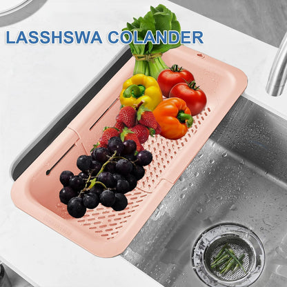 LASSHSWA Collapsible Colander for Kitchen, Over the Sink Strainer Basket for Kitchen, Fruit Pasta Food Strainer Expandable Plastic Colander BPA Free (Black)