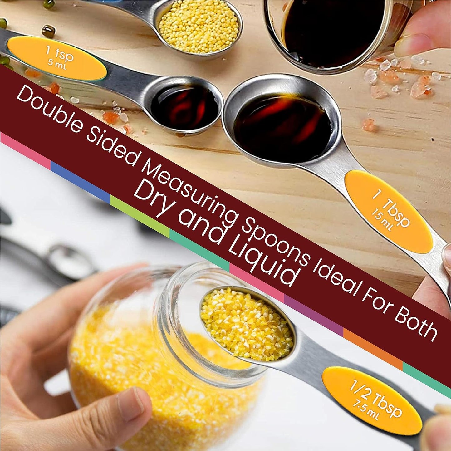 Magnetic Measuring Spoons Set of 9 Stainless Steel Dual-Sided Stackable Measuring Spoon Nesting Teaspoons Measuring Dry and Liquid Ingredients, Fits in Spice Jars Set of 9 (Yellow)