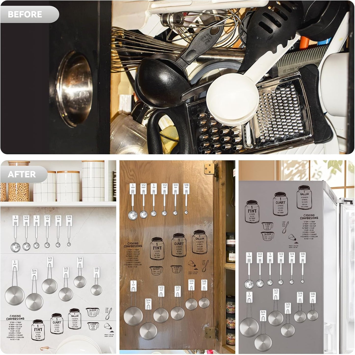 Measuring Cup and Spoon Organizer, 12 Pack Adhesive Wood Hooks for Hanging, Kitchen Hooks for Space Saving Storage