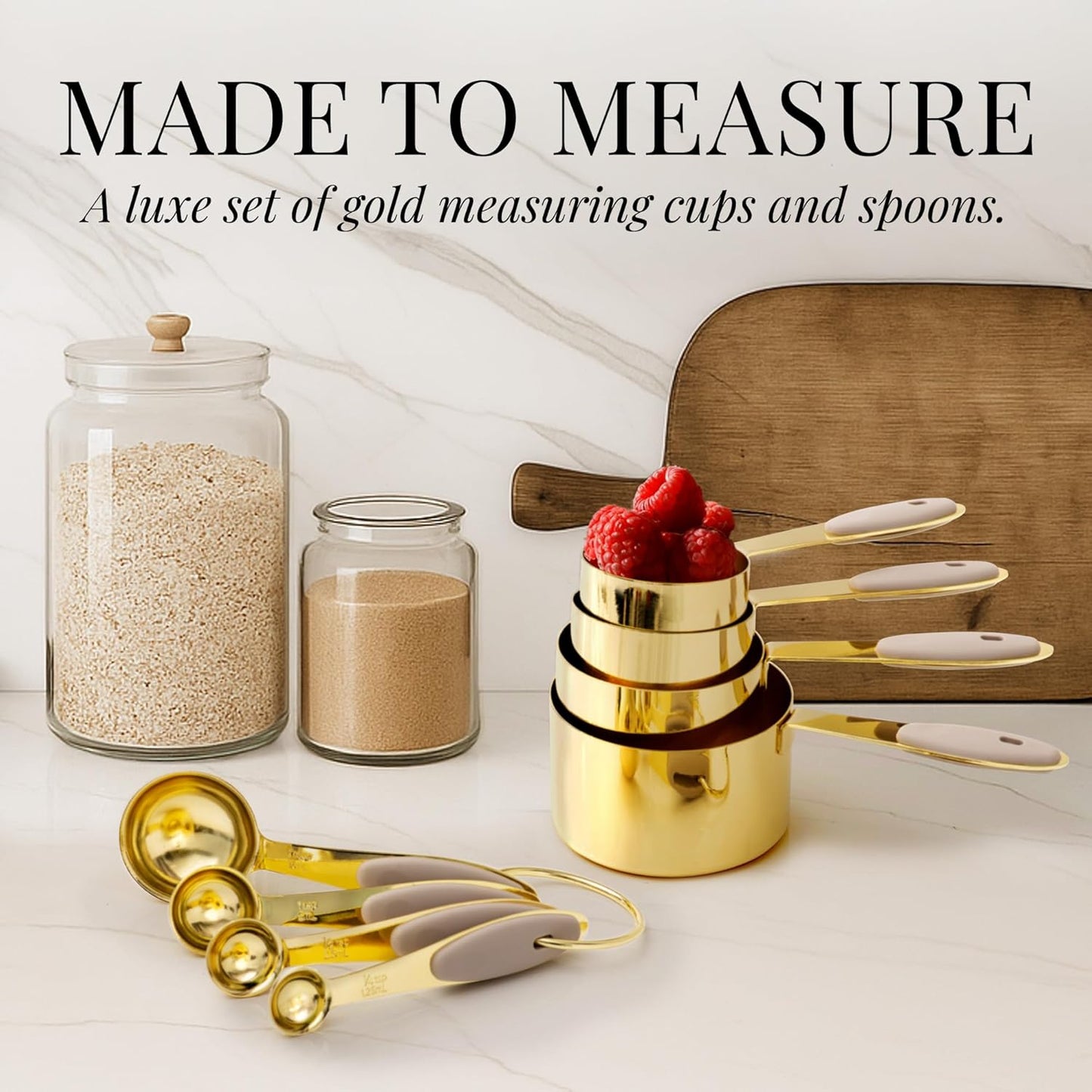 Gold and Beige Kitchen Utensils Set – 8 PC Cooking Gadgets with Mini Gold Whisk and Tongs, Pizza Cutter, Garlic Press, Cheese Grater, Peeler, Can Opener, Scoops – Stylish Beige Kitchen Accessories
