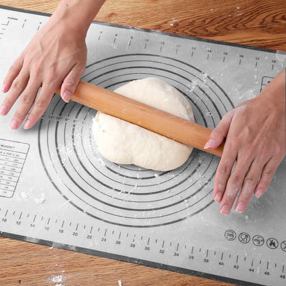 Wood French Rolling Pin for Baking, QUELLANCE Wooden Dough Roller with Silicone Baking Mat, Beech Wood Rolling Pins for Baking Dough, Pizza, Pie, Pastries, Pasta and Cookies,Blue Pastry Mat