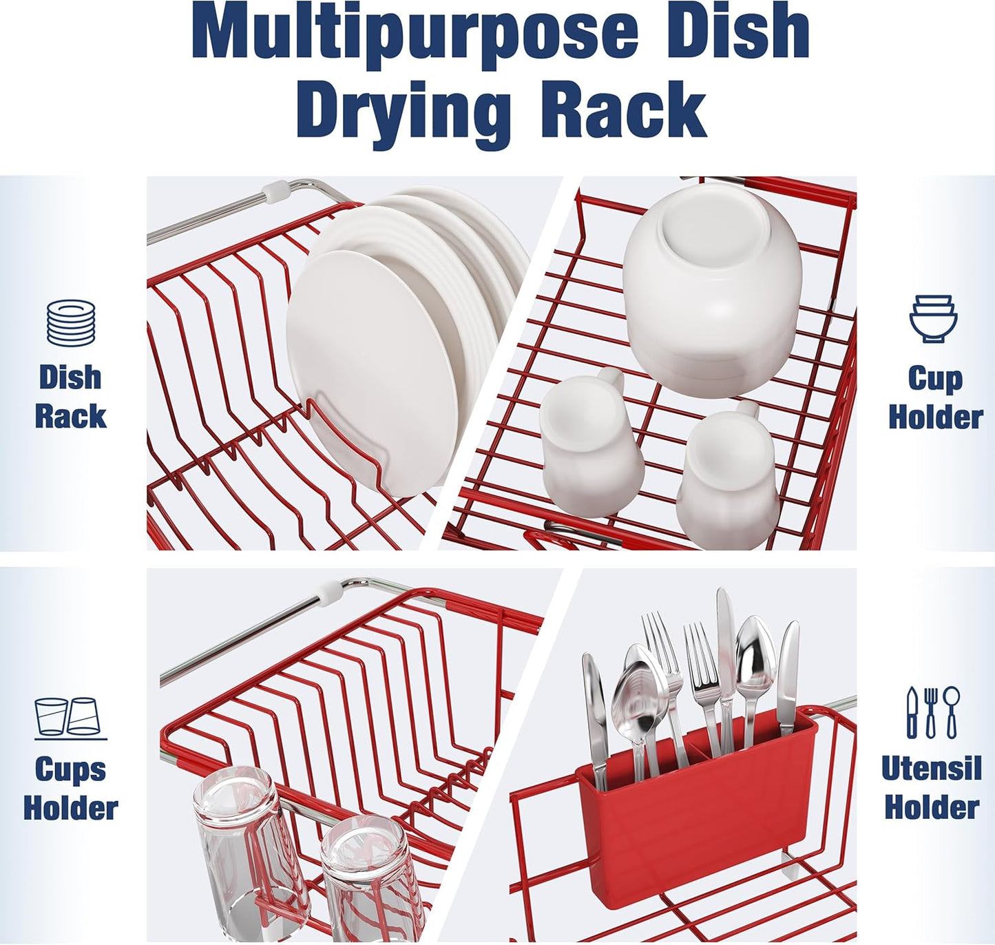 JASIWAY Roll Up Dish Drying Rack, Expandable (12.8"-23.8" D x 12.8" W) Stainless Steel Portable Drainer for Kitchen Sink Counter, Foldable Over The Sink Cover with Removable Utensil Holder