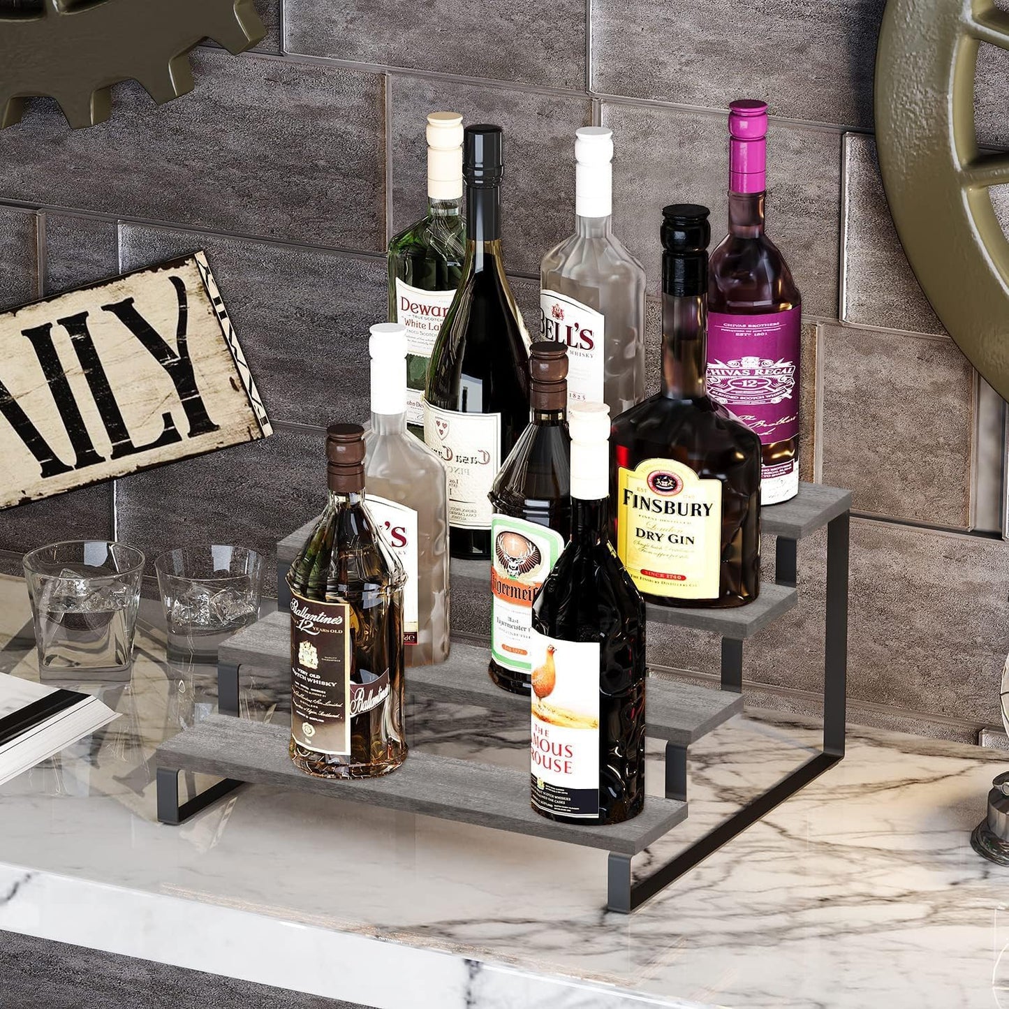YINMIT Wooden Display Riser Stand, Tiered Perfume and Cologne Organizer Stand, 4 Tier Spice Rack Organizer, Rustic Display Shelf for Candles (4 Tier)