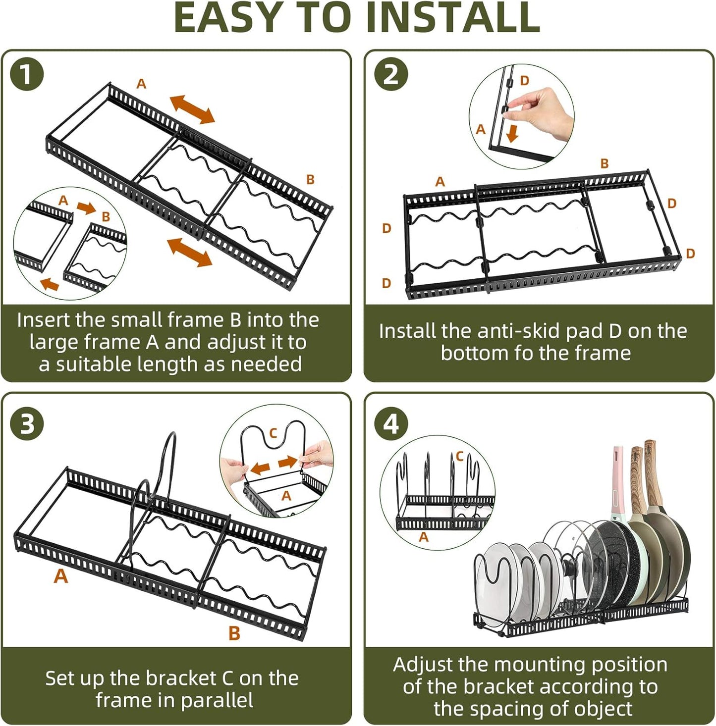 Pot Rack Organizer -Expandable Pot and Pan Organizer for Cabinet,Pot Lid Organizer Holder with 10 Adjustable Compartment for Kitchen Cabinet Cookware Baking Frying Rack,Bronze