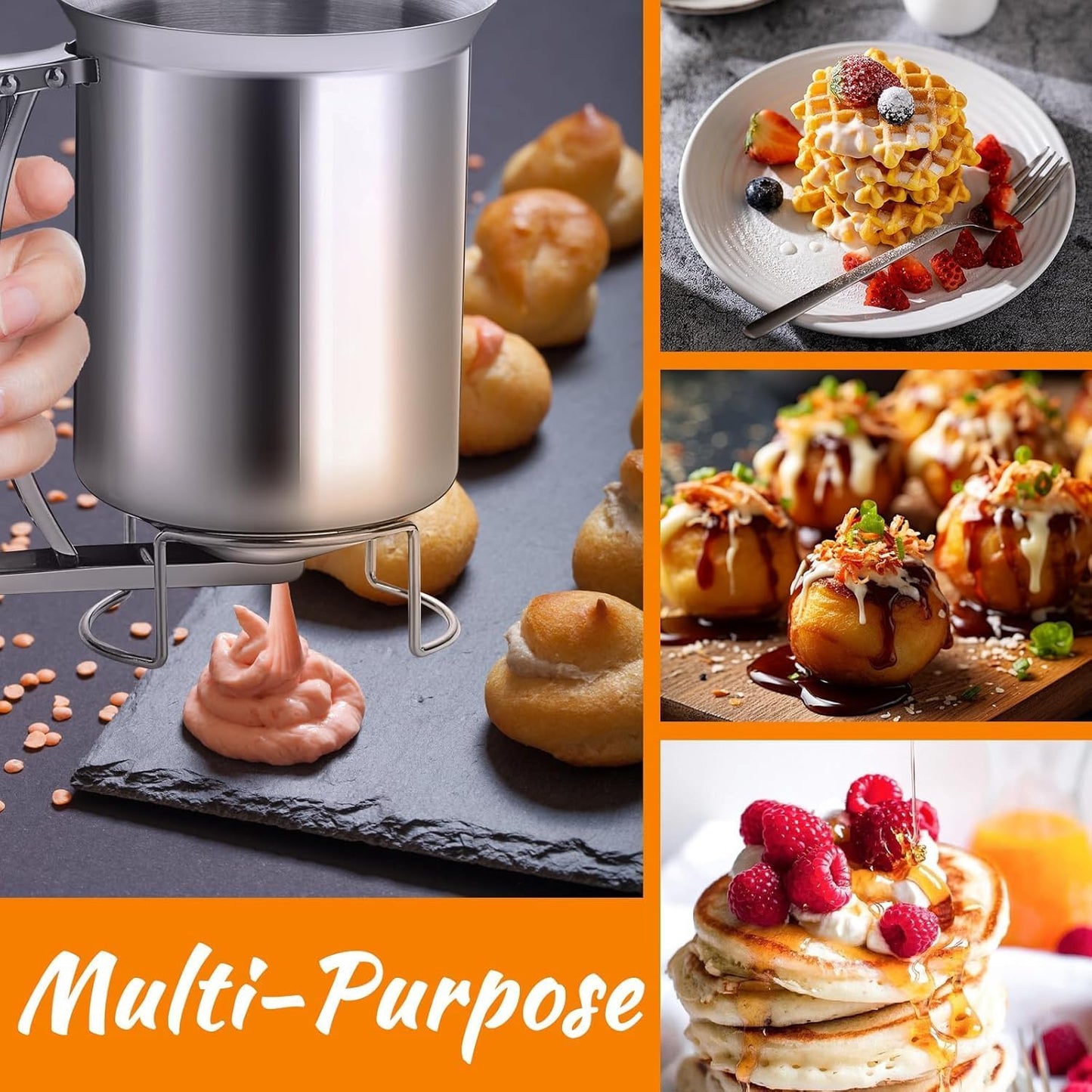 Stainless Steel Pancake Batter Dispenser, 1000ml, Handheld Pourer with Easyflow Spout for Cupcakes, Waffles, Crepes, Muffins