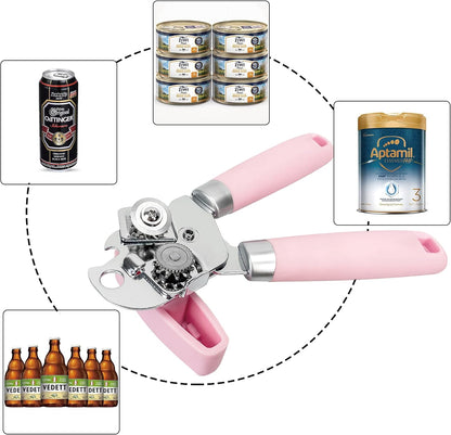 Manual Can Opener, Handheld Comfortable Grip, Oversized Easy Turn Knob, Built in Bottle Opener, Hangs for Convenient Kitchen Storage, Easily Open Tin Cans for Smooth Edge, Pink (Pink, Single)