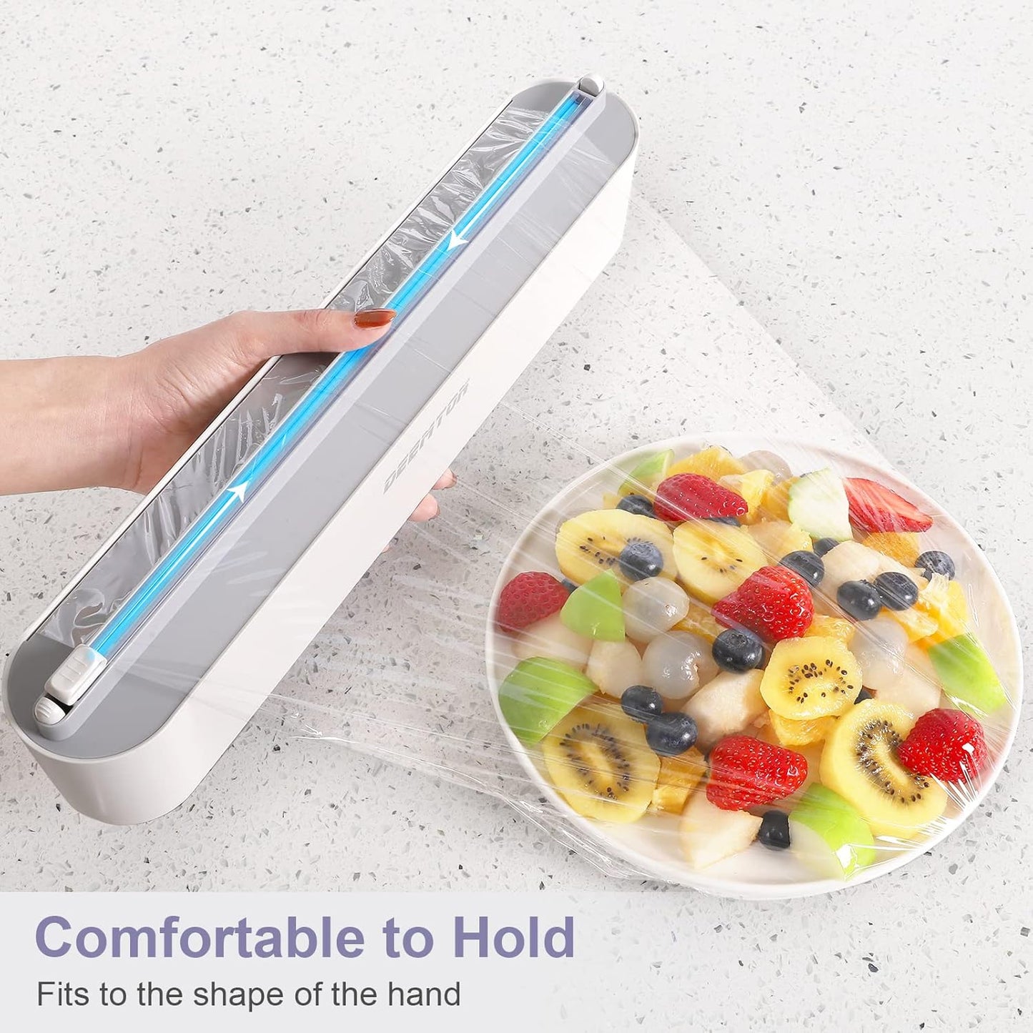 Plastic Wrap Dispenser with Cutter,Plastic Food Wrap Dispenser with Slide Cutter Refillable Cling Film Dispenser with 250' of Professional BPA Free Cling Film.