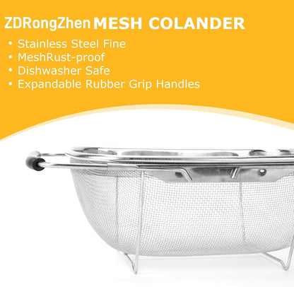ZDRongZhen Kitchen Accessories Over the Sink Colander Strainer Basket，Stainless Steel Colander with Expandable Rubber Grip Sink Drainer-Rinse Vegetables Fruits &Strain&Drain (Large-Fine mesh)