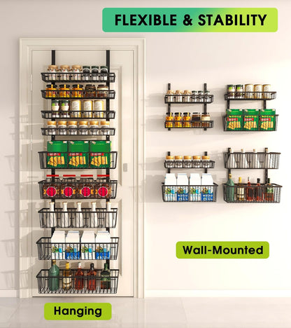 Mefirt White 9-Tier Over The Door Pantry Organizer, Pantry Organization and Storage, Deep Baskets Hanging Heavy-Duty Metal, Wall Spice Rack Seasoning Shelves for Home & Kitchen, Laundry Room Bathroom