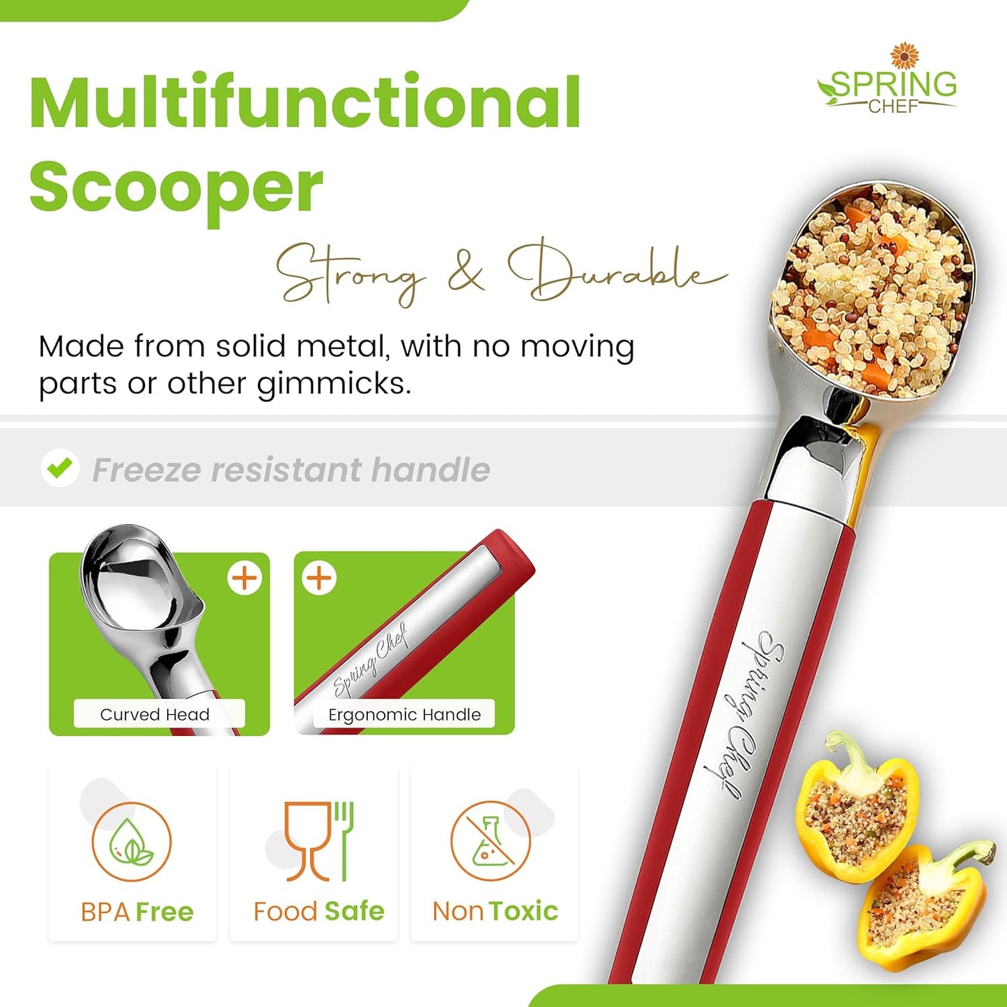 Spring Chef Heavy Duty Metal Ice Cream Scoop - Dishwasher Safe Ice Cream Scooper, Commercial Icecream Scoop Spade, Professional Kitchen Tool for Gelato, Melon, Sundae, Cookie Spoon - Black