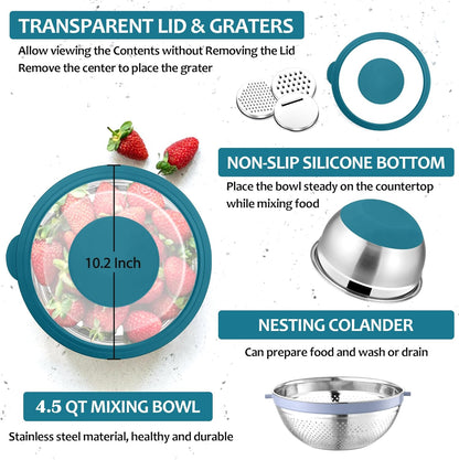 E-far Colander with Mixing Bowl Set, 4-1 Stainless Steel Colander Strainers Bowl with Graters for Kitchen, Rotatable Food Strainer Bowl for Rinsing Fruits Vegetables/Draining Pasta - Blue