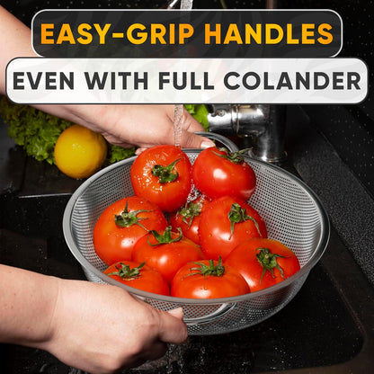 Stainless Steel Strainer Bowl With Handles - 5Qt Rice Washer Strainer Bowl for Grains, Beans, Spaghetti, Veggies, Fruits - Dishwasher Safe & Rust-Resistant Metal Strainers for Kitchen With Fine Holes
