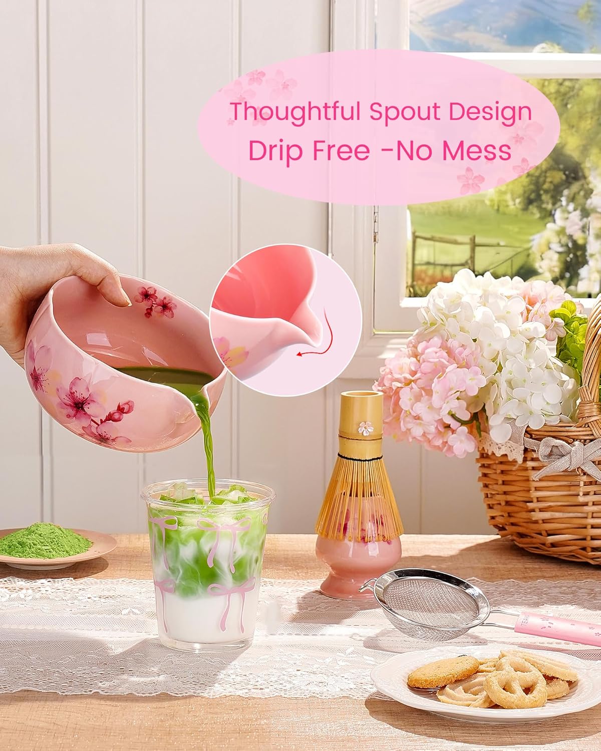 Matcha Whisk Set, 6pcs Matcha Kit Includes Large Matcha Bowl, Bamboo Whisk & Scoop with Cute Charm, Chasen Holder, Innovative Sifter, Tea Mat for Japanese Tea Ceremony-Floral Pattern