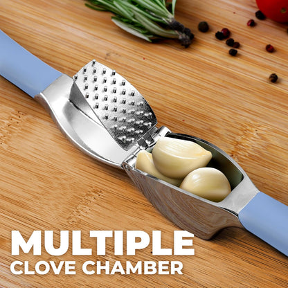 Zulay Kitchen Comfort Grip Garlic Press - Garlic Mincer Tool - Garlic Crusher - Garlic Press Mincer Rust Proof, with Soft Ergonomic Handle, Easy Clean Set with Peeler and Brush - Red