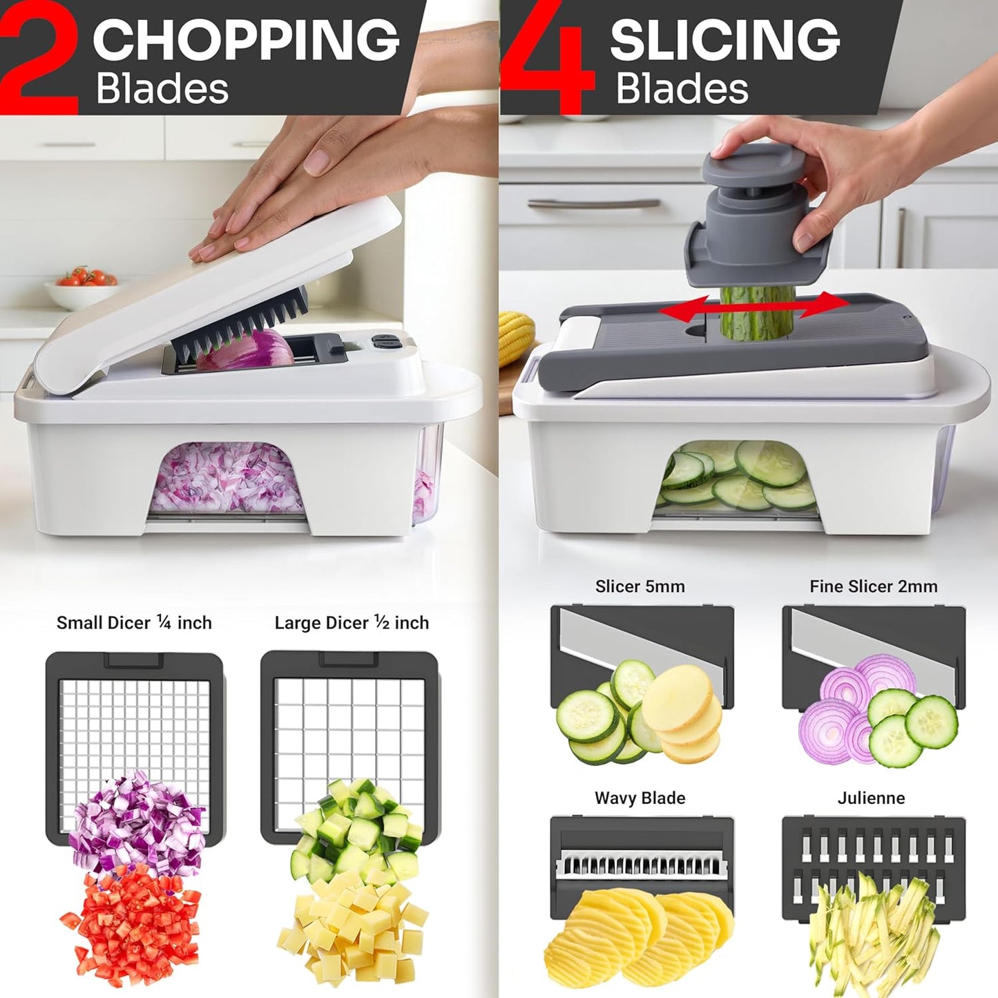 Mueller Pro-Series 10-in-1, 8 Blade Vegetable Chopper, Onion Mincer, Cutter, Dicer, Egg Slicer with Container, French Fry Cutter Potato Slicer, Home Essentials, Salad Chopper White Sand/Green