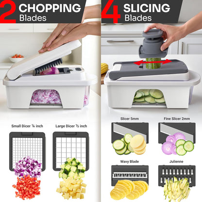 Mueller Pro-Series 10-in-1, 8 Blade Vegetable Chopper, Onion Mincer, Cutter, Dicer, Egg Slicer with Container, French Fry Cutter Potato Slicer, Home Essentials, Salad Chopper White Sand/Green