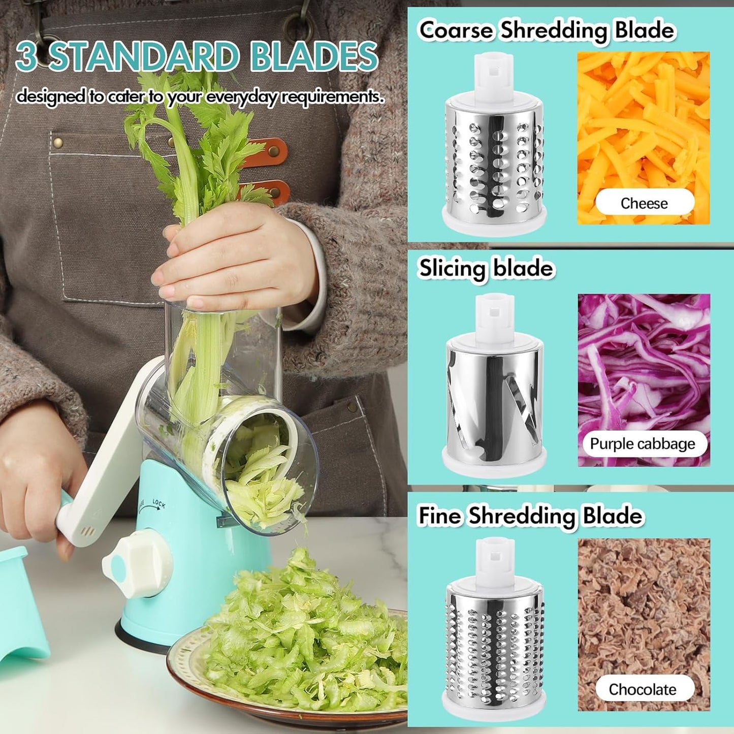 Ourokhome Rotary Cheese Grater Hand Crank, Kitchen Shredder Speed Mandolin Slicer Nut Grinder with Handle and Drum Blades for Cheese, Vegetable, Walnut, Chocolate, Potato, Carrot, 3 Blades, Dark Blue