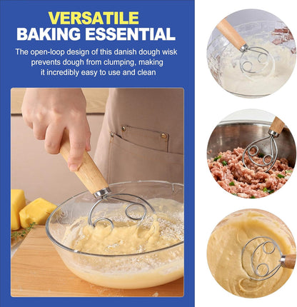 Danish Dough Whisk for Sourdough Bread, Heavy Duty Stainless Steel Bread Mixer, Wooden Handle Dutch Dough Blender Hook for Artisan Baking