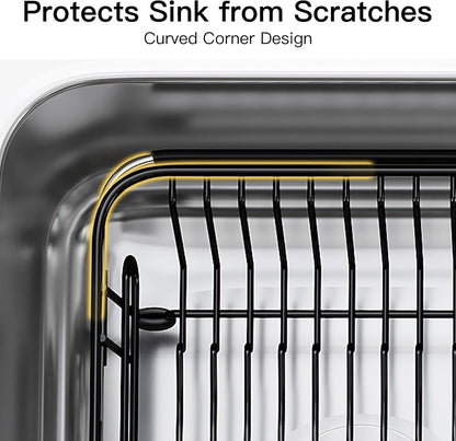 JASIWAY Roll Up Dish Drying Rack, Expandable (12.8"-23.8" D x 12.8" W) Stainless Steel Portable Drainer for Kitchen Sink Counter, Foldable Over The Sink Cover with Removable Utensil Holder