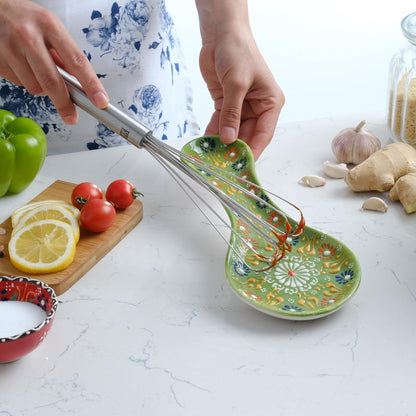 Handmade Spoon Rest, Ceramic Spoon Rest for Stove Top, 10" Spoon Rest for Kitchen Counter, Dishwasher Safe Spoon Holder for Stove, Housewarming Gifts Utensil Rest, Colorful Spoon Rests (Black)