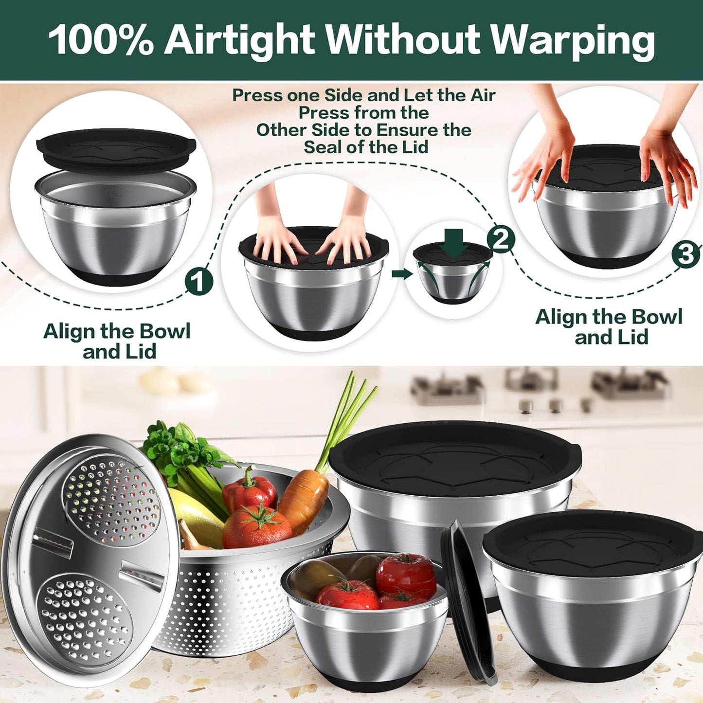 Nicdiet Mixing Bowls with Airtight Lids, Stainless Steel Mixing Bowl Set with 3 Metal Nesting Bowls, Colander & Grater, Non-Slip Bottoms, Size 1.5, 2.5, 5 QT, Great for Mixing & Serving, Khaki