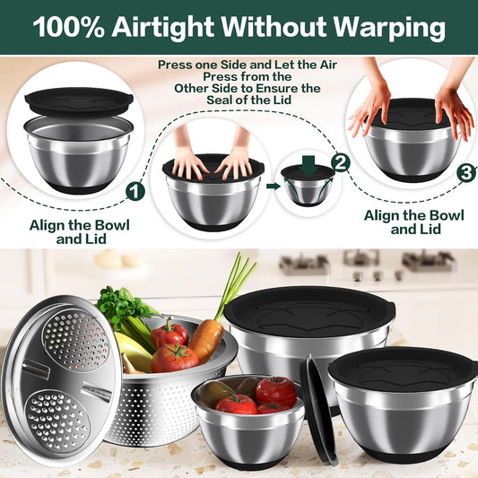 Nicdiet Mixing Bowls with Airtight Lids, Stainless Steel Mixing Bowl Set with 3 Metal Nesting Bowls, Colander & Grater, Non-Slip Bottoms, Size 1.5, 2.5, 5 QT, Great for Mixing & Serving, Khaki