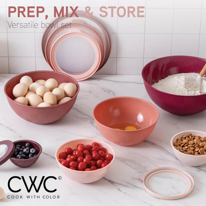 COOK WITH COLOR Mixing Bowls with Lids - 12 Piece Plastic Nesting Bowls Set includes 6 Prep Bowls and 6 Lids, Microwave Safe Mixing Bowl Set, Black Embossed - Colors B