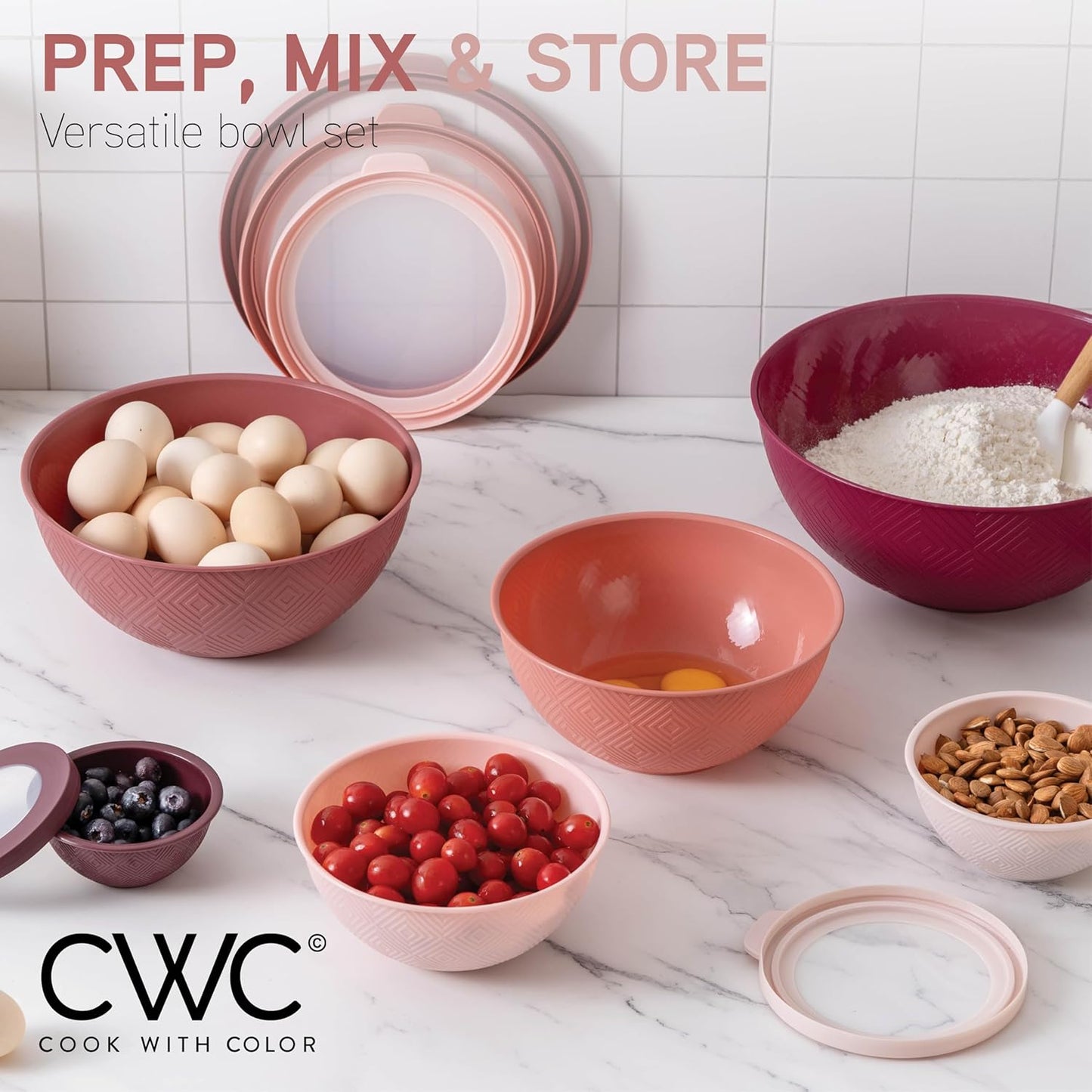 COOK WITH COLOR Mixing Bowls with Lids - 12 Piece Plastic Nesting Bowls Set includes 6 Prep Bowls and 6 Lids, Microwave Safe Mixing Bowl Set, Sage Embossed - Colors A