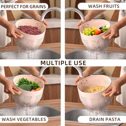 Metal Colander with Wood Handle and Stable Base, 5.5 Quart Powder Coated Steel Kitchen Strainer Basket for Draining Pasta, Vegetable and fruit,Cream