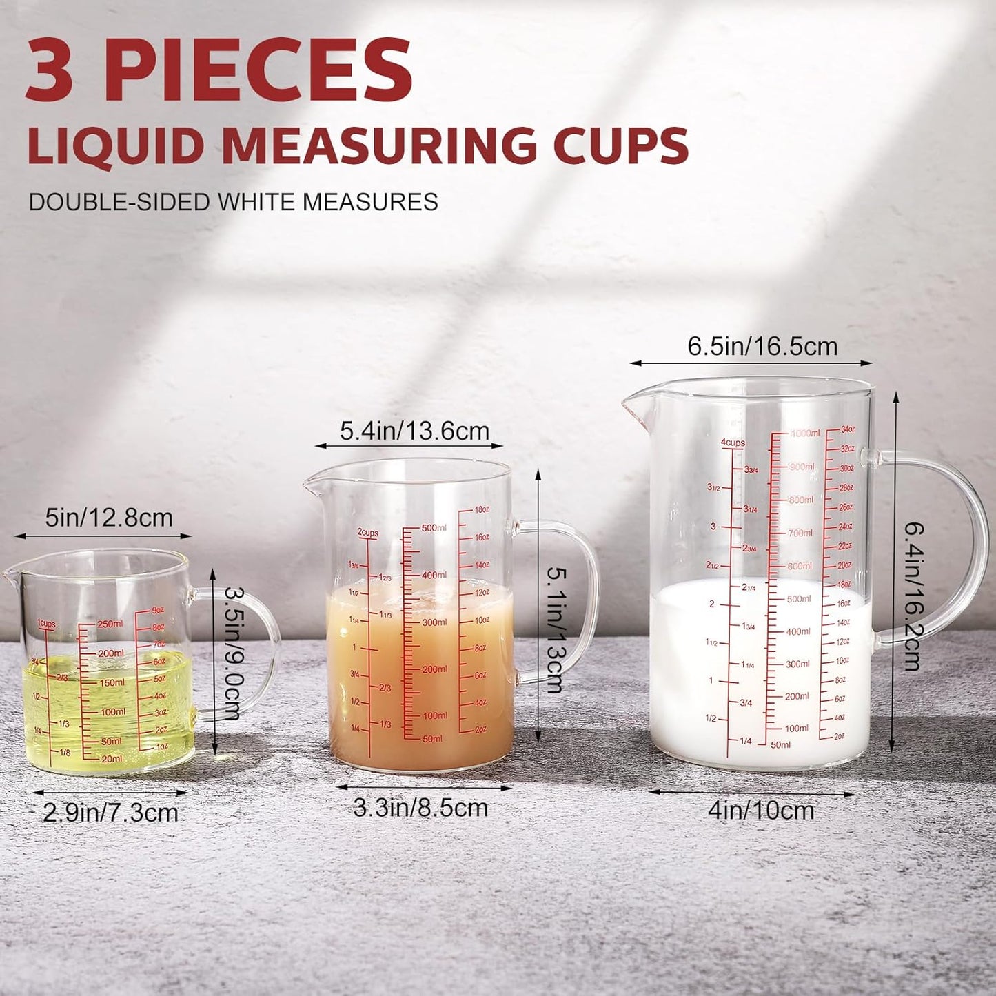 Lallisa 3 Pack High Borosilicate Glass Measuring Cups Set with Handle V Shaped Spout, 4, 2, 1 Cup 3 Scales (Oz, Cup, Ml) for Kitchen Restaurant Baking Cooking, Easy to Read, Clear(White Scale)