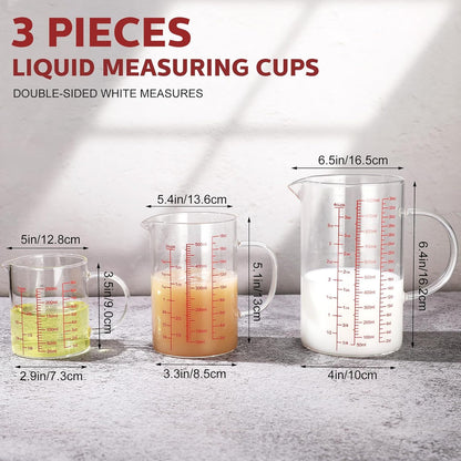 Lallisa 3 Pack High Borosilicate Glass Measuring Cups Set with Handle V Shaped Spout, 4, 2, 1 Cup 3 Scales (Oz, Cup, Ml) for Kitchen Restaurant Baking Cooking, Easy to Read, Clear(White Scale)