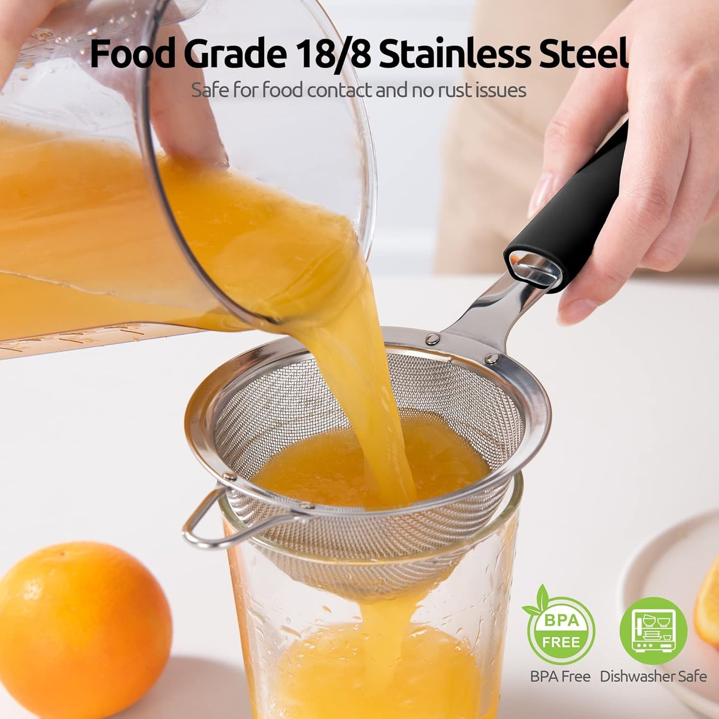 18/8 Stainless Steel Mesh Strainer: U-Taste 5.5 Inch Kitchen Fine Mesh Sieve Food Colander with Riveted Sturdy Silicone Handle and 30 Mesh Hole for Straining Flour, Pasta, Fruit, Quinoa(Aqua Sky)