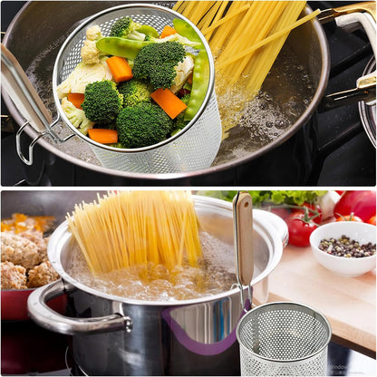 Stainless Steel Pasta Strainer, 2pcs Micro-Perforated Food Dumpling Noodle Strainer with Wood Handle Straining Noodles Pasta Baskets