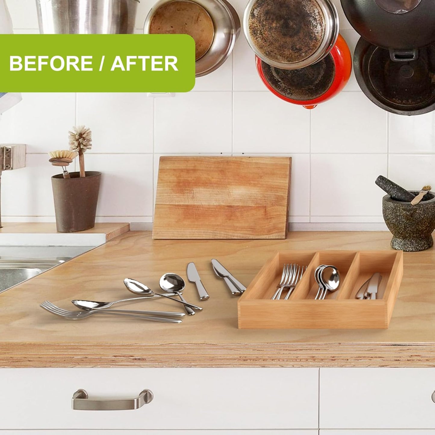 Unibambou Bamboo Utensil Drawer Organizer with Removable Dividers, Kitchen Organizer for Flatware Cutlery, Silverware Tray for Drawer (5/4 Flexible Slots, Natural)