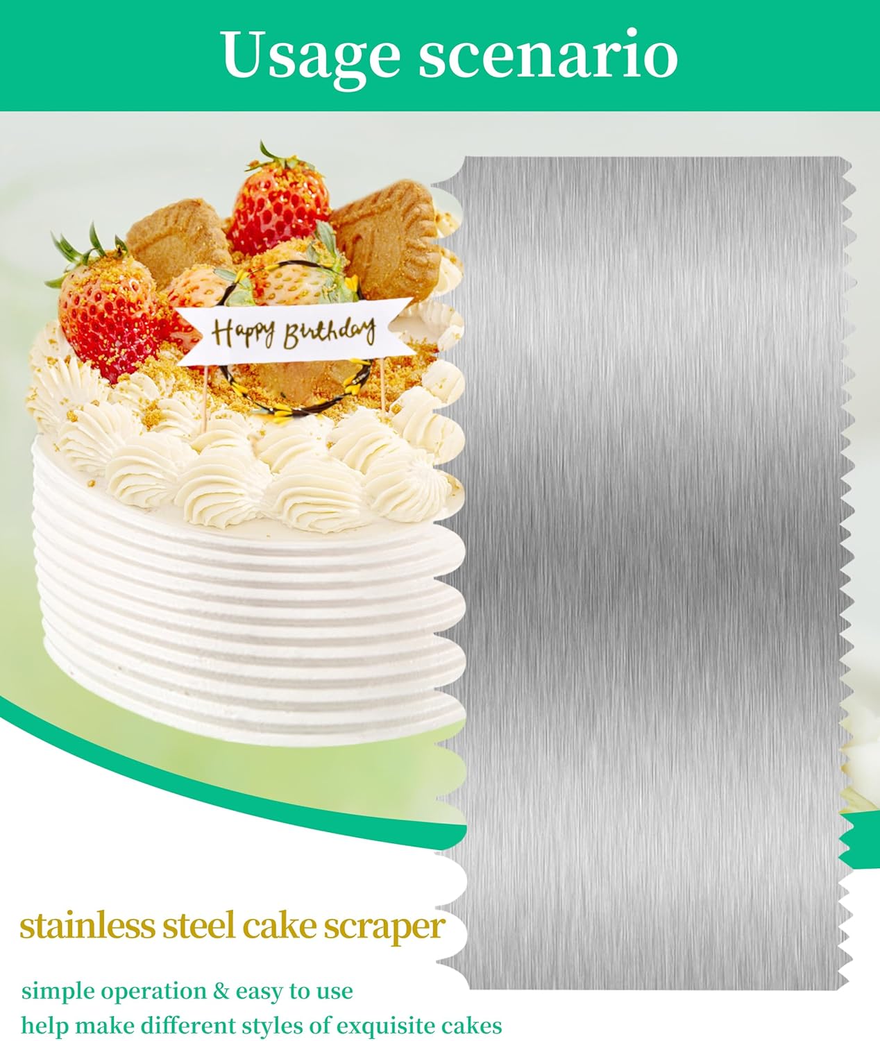 Cake Scraper Smoother Cake Decorating Supplies Kit 8.6 Inch Metal Bench Scraper for Baking Buttercream Smoother Stainless Steel Frosting Cake Comb Edge Side Jagged Comb for Cream Cake-1