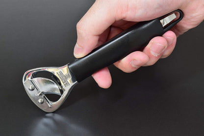 Japanese Can Opener, Heavy Duty Stainless Steel Bottle Opener, 5.9" Black Plastic Handle for Right-handed, Seki Japan
