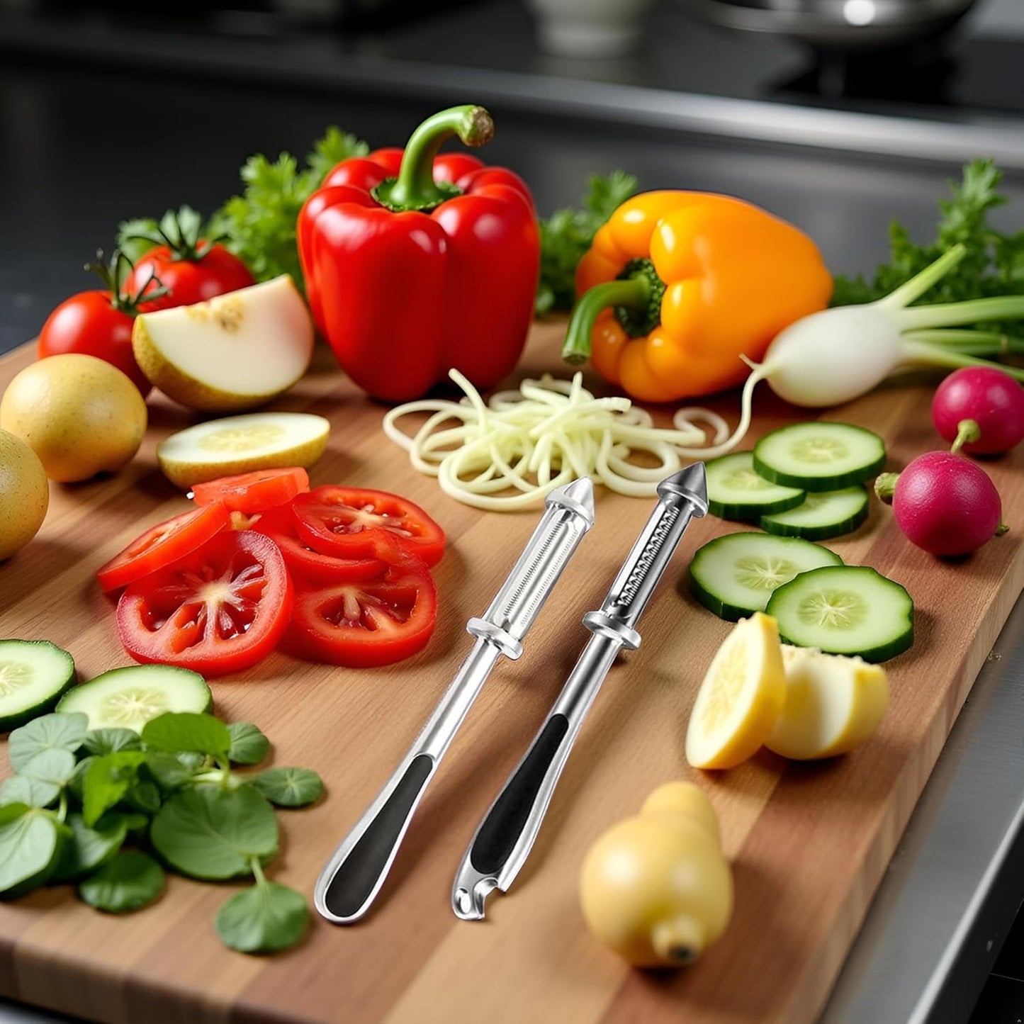 2Pc Silver All In One Multifunctional Vegetable Peeler,4 and 1Julienne Peeler Vegetable Peeler,Veggie Peelers for Kitchen,Potato kitchen Pear Tomato Cucumber Graters, Peelers and Slicers