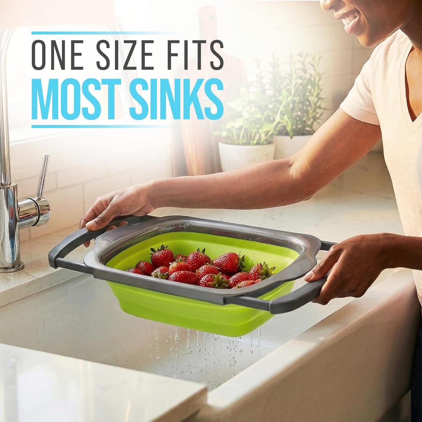 Comfify XL Large Kitchen Strainer - Collapsible Silicone Over - The-Sink Colander with Extendable Handles - Use with Pasta, Fruit, Berries & Veggie - 6 Quart - Blue