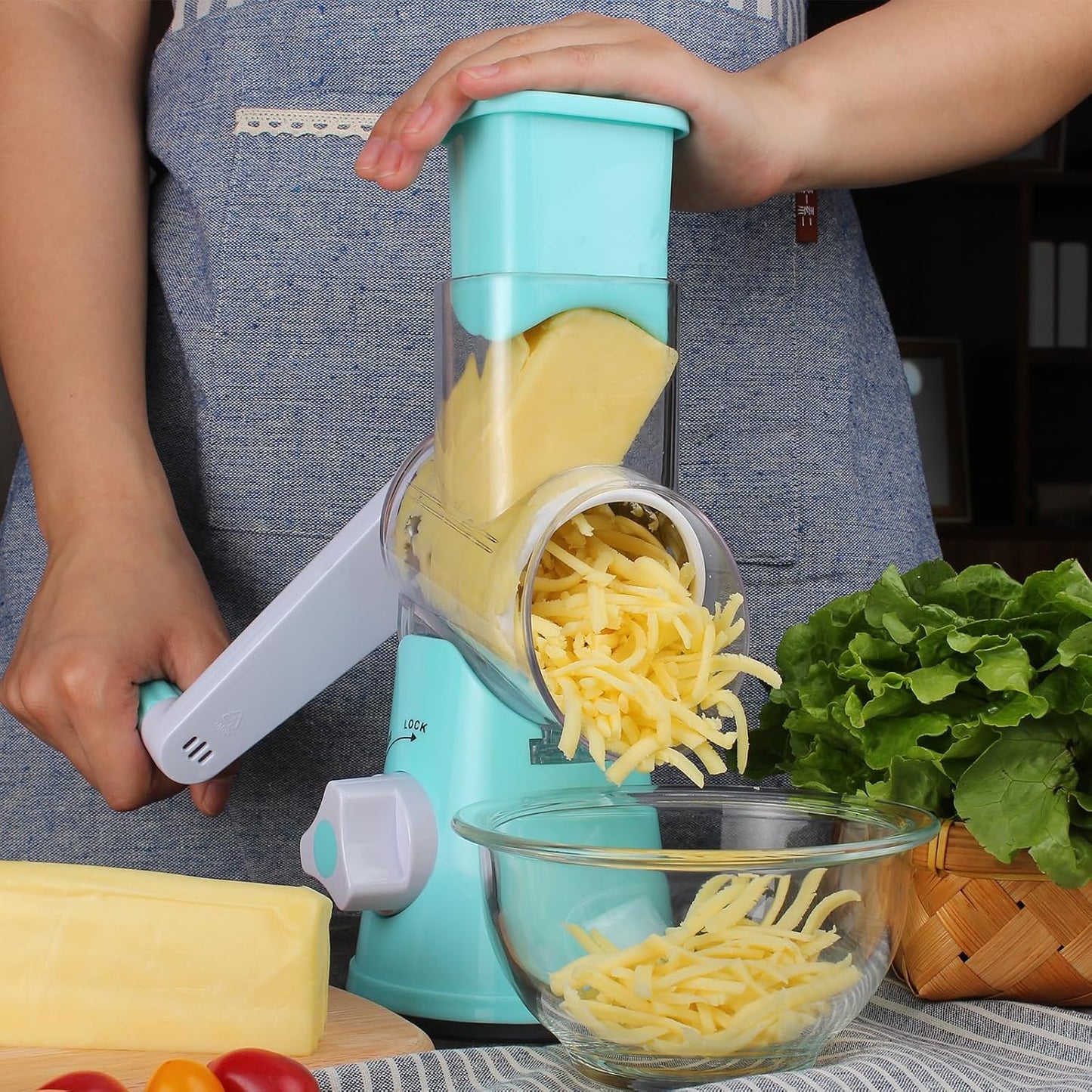 Cambom 5 in 1 Rotary Cheese Grater Hand Crank Cheese Shredder for Fresh Cheese, Vegetable, Nuts,Non-slip Suction Base, Black