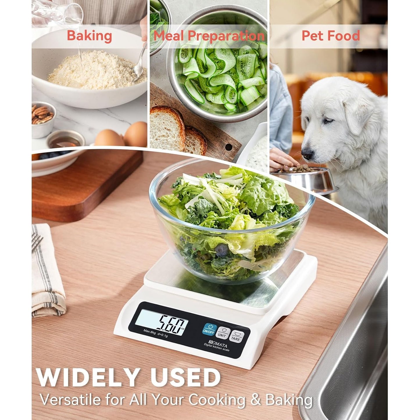 BOMATA 0.1g/ 13lb Food Scale, Digital Kitchen Scale with Removable Stainless Steel Pan, Backlit LCD Display, for Cooking, Baking B621 Grey