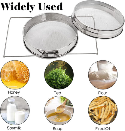Fasmov Stainless Steel Honey Strainer, Double Sieve, Beekeeping Equipment Mesh Filter Screen, Honey Extractor Equipment, 9" Diameter x 4" Depth