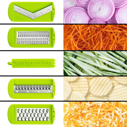 Starfrit Easy Mandoline Slicer, Dicer - 5-Blades and Graters - Straight & Crinkle Blades, Julienne, Grater & Shredder - Self-Feeding Pusher - Catch Base for Storage and Food Container