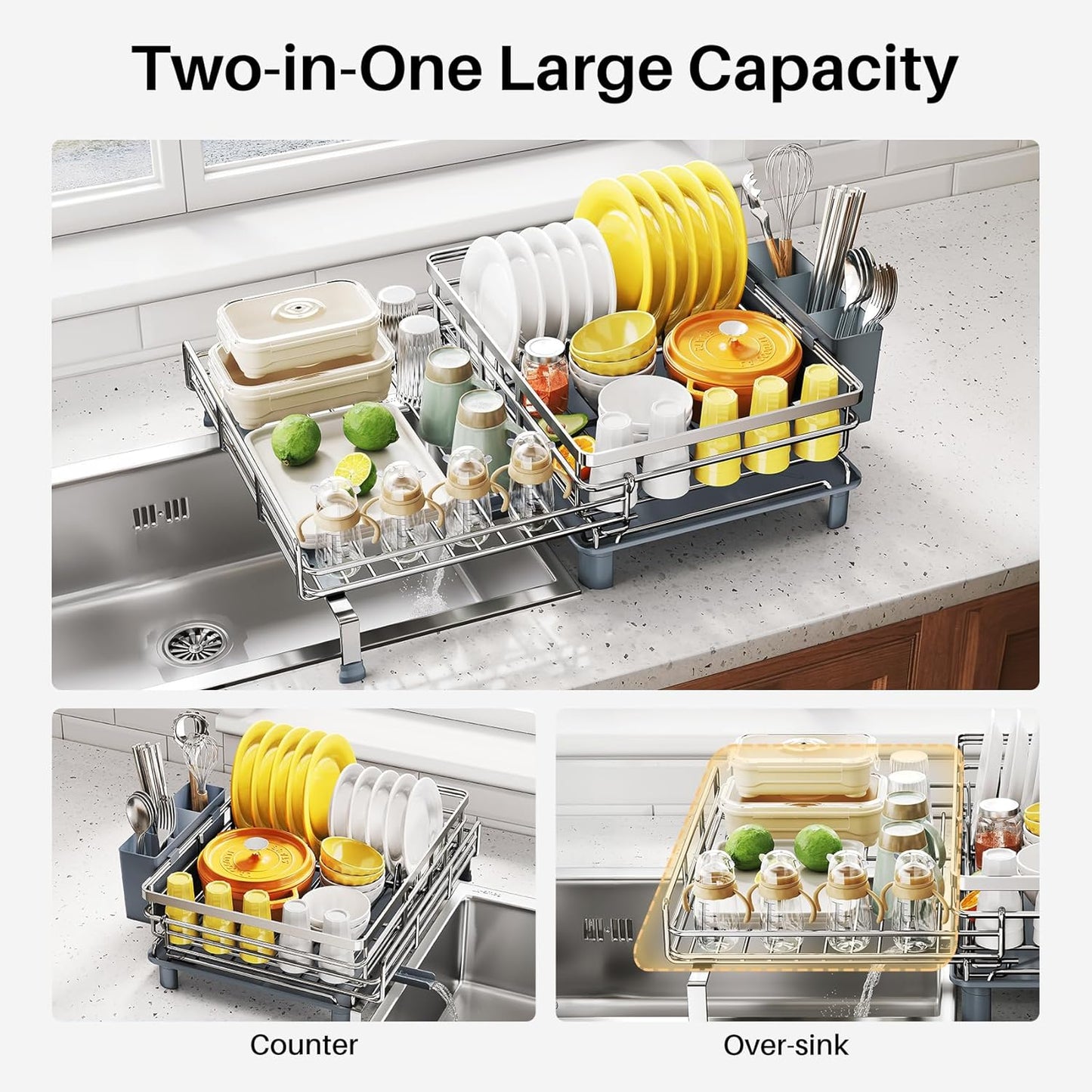 SNTD Dish Drying Rack - Extendable Dish Rack, Large Sink Drying Dish Drainer for Kitchen Counter, Stainless Steel Dish Strainer with Utensil Holder (Black)