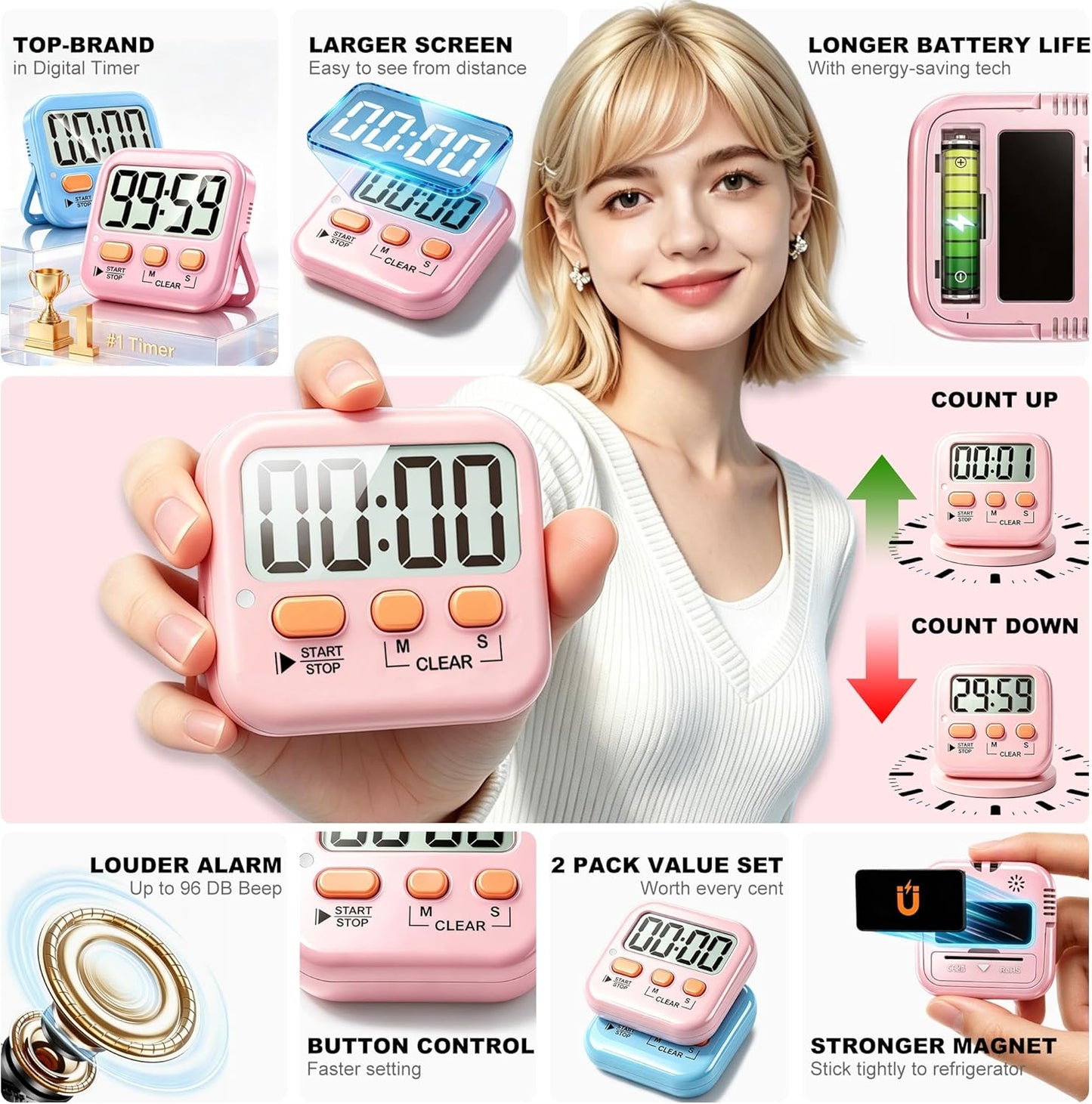 Antonki 2 Pack Digital Timer for Kids, Magnetic Countdown Kitchen Timers for Cooking, Egg, Classroom, Teacher, Exercise, Study, Oven - Battery Included