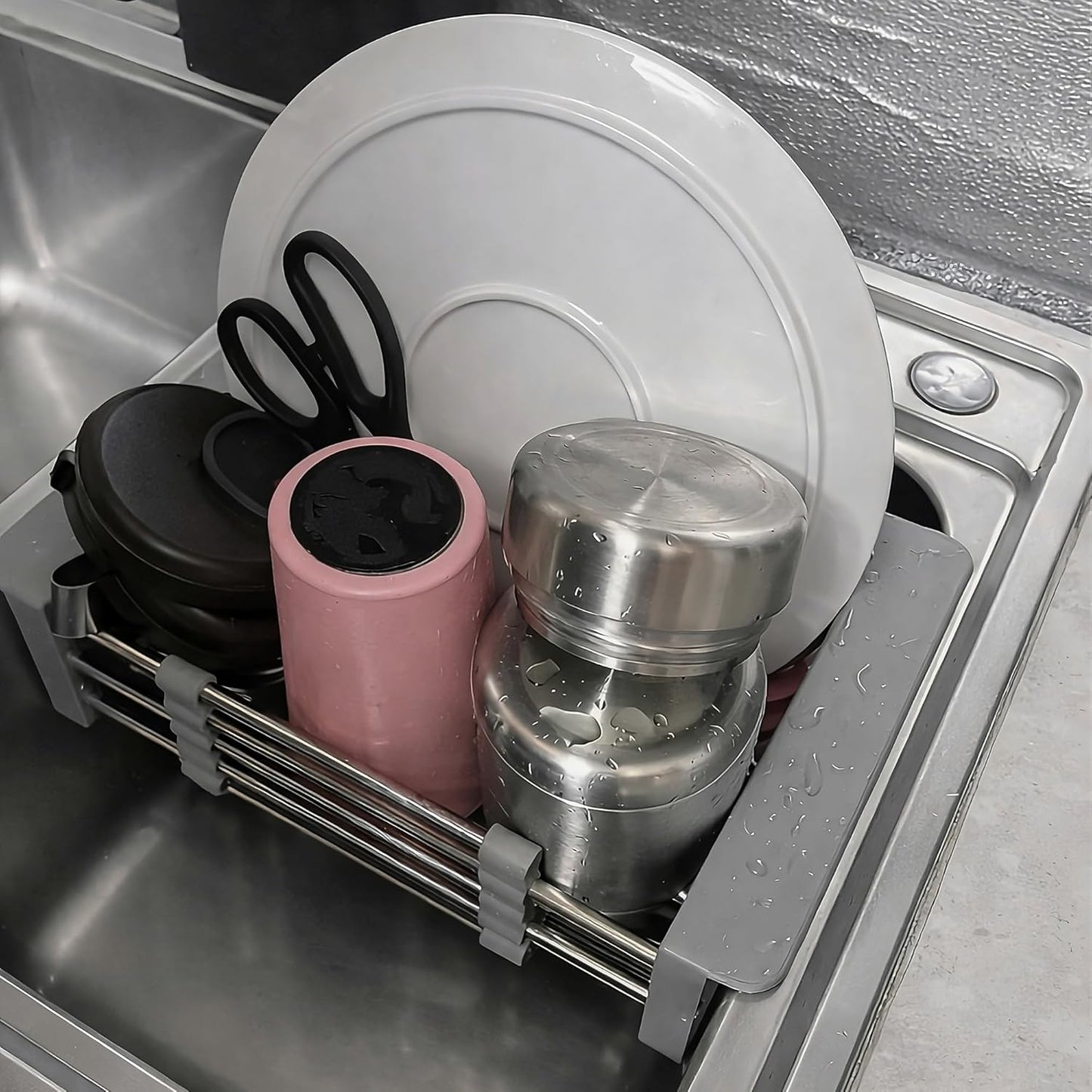 Extend Kitchen Sink Drain Basket, Adjustable Dish Drying Rack Over The Sink, Stainless Steel Kitchen Retractable Drain Sink Accessories Portable & Telescopic Space-Saving Extender for Vegetable, Fruit