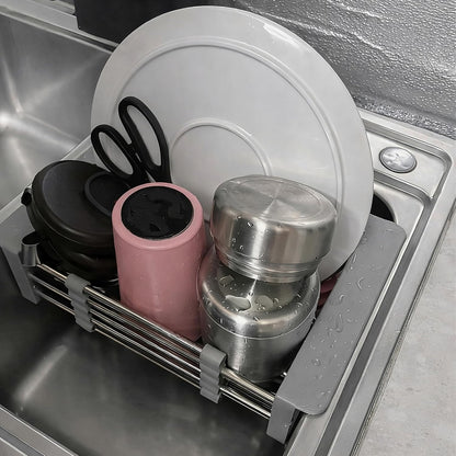Extend Kitchen Sink Drain Basket, Adjustable Dish Drying Rack Over The Sink, Stainless Steel Kitchen Retractable Drain Sink Accessories Portable & Telescopic Space-Saving Extender for Vegetable, Fruit