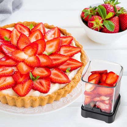 Fruit Slicer Cup for Strawberry, Banana, Hard-Boiled Egg - Detachable Cutter with Push Plate - 304 Stainless Steel Blade - Rapid & Safe Slicing Kitchen Gadget for Quick Meal Prep (Black)