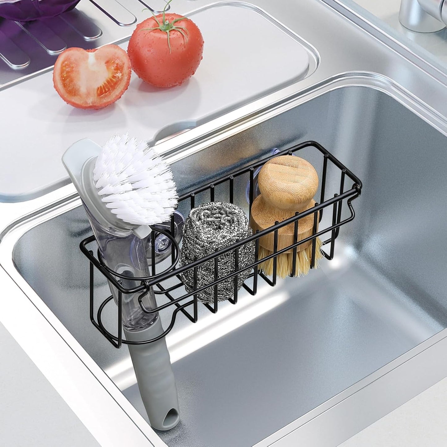 3-In-1 Sponge Holder for Kitchen Sink with Suction Cups & Adhesive Hook , In-sink Sponge Holder, Wall Hanging Sink Caddy Organizer Rack - Sponge, Dish Cloth, Brush, Scrubber - 304 Stainless Steel