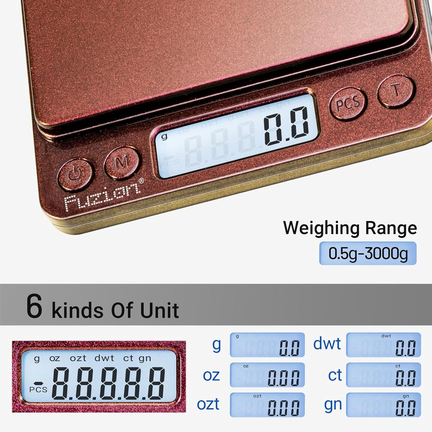 Fuzion Digital Kitchen Scale 3000g/ 0.1g, Pocket Food Scale 6 Units Conversion, Gram Scale with 2 Trays, LCD, Tare Function, Reptile Scale, Herb Scale(Battery Included)